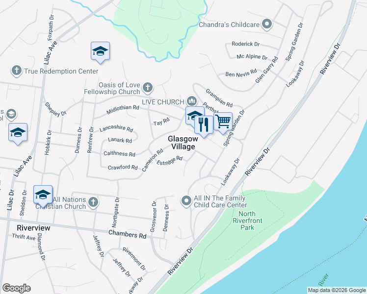 map of restaurants, bars, coffee shops, grocery stores, and more near 168 Cameron Road in St. Louis