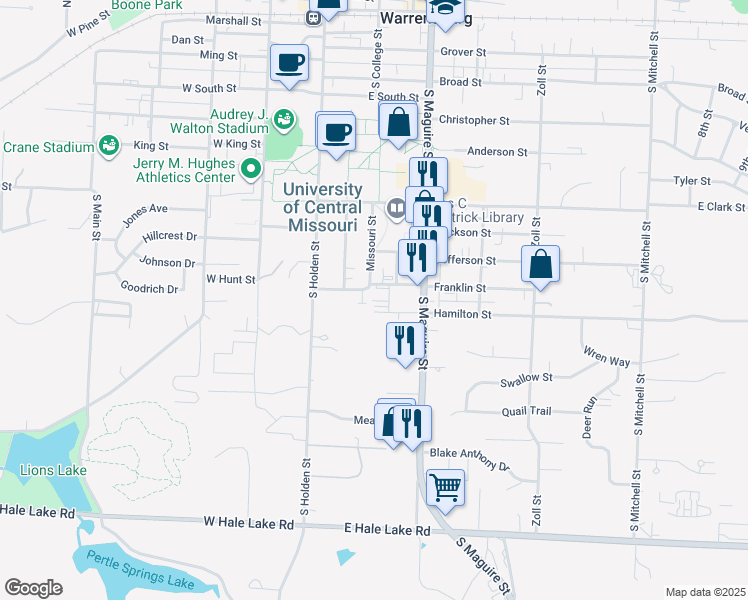 map of restaurants, bars, coffee shops, grocery stores, and more near 715 Missouri Street in Warrensburg