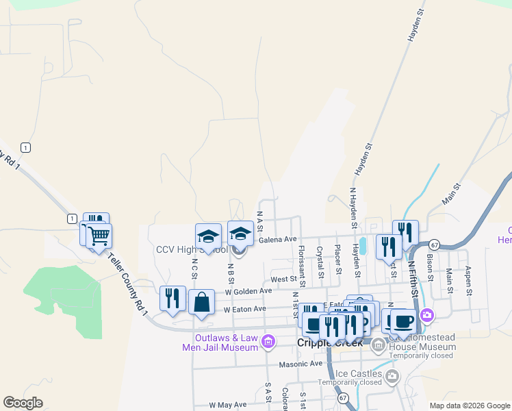 map of restaurants, bars, coffee shops, grocery stores, and more near 600 North B Street in Cripple Creek
