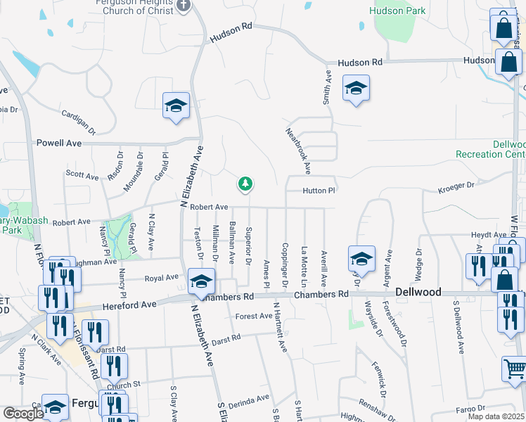 map of restaurants, bars, coffee shops, grocery stores, and more near 639 Robert Avenue in Ferguson