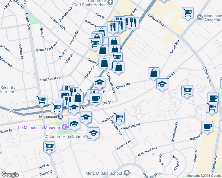 map of restaurants, bars, coffee shops, grocery stores, and more near 8886 Quarry Road in Manassas