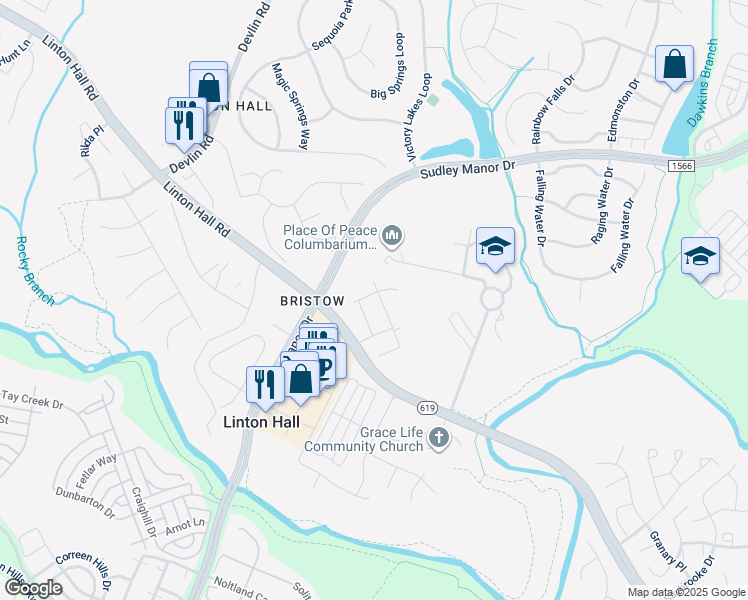 map of restaurants, bars, coffee shops, grocery stores, and more near 9348 Crestview Ridge Drive in Linton Hall
