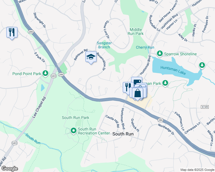 map of restaurants, bars, coffee shops, grocery stores, and more near 9404 Park Hunt Court in Springfield