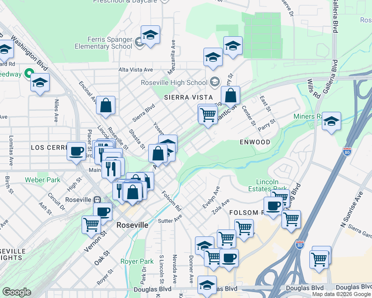 map of restaurants, bars, coffee shops, grocery stores, and more near 600 Atlantic Street in Roseville