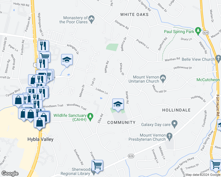 map of restaurants, bars, coffee shops, grocery stores, and more near 2401 Elba Court in Alexandria
