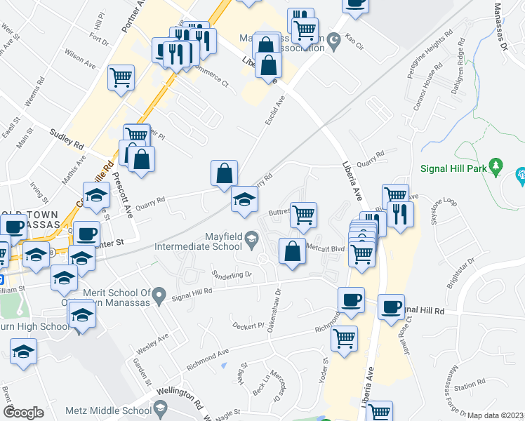 map of restaurants, bars, coffee shops, grocery stores, and more near 8395 Buttress Lane in Manassas