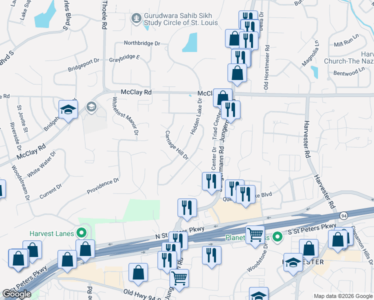 map of restaurants, bars, coffee shops, grocery stores, and more near 505 Hidden Lake Drive in St. Peters