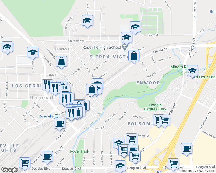 map of restaurants, bars, coffee shops, grocery stores, and more near 600 Atlantic Street in Roseville