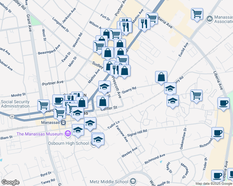 map of restaurants, bars, coffee shops, grocery stores, and more near 8890 Curie Street in Manassas
