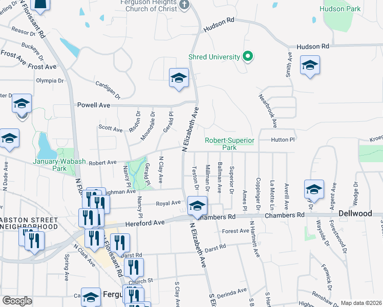 map of restaurants, bars, coffee shops, grocery stores, and more near 451 Robert Avenue in Ferguson