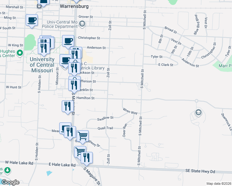 map of restaurants, bars, coffee shops, grocery stores, and more near 504 Jefferson Street in Warrensburg