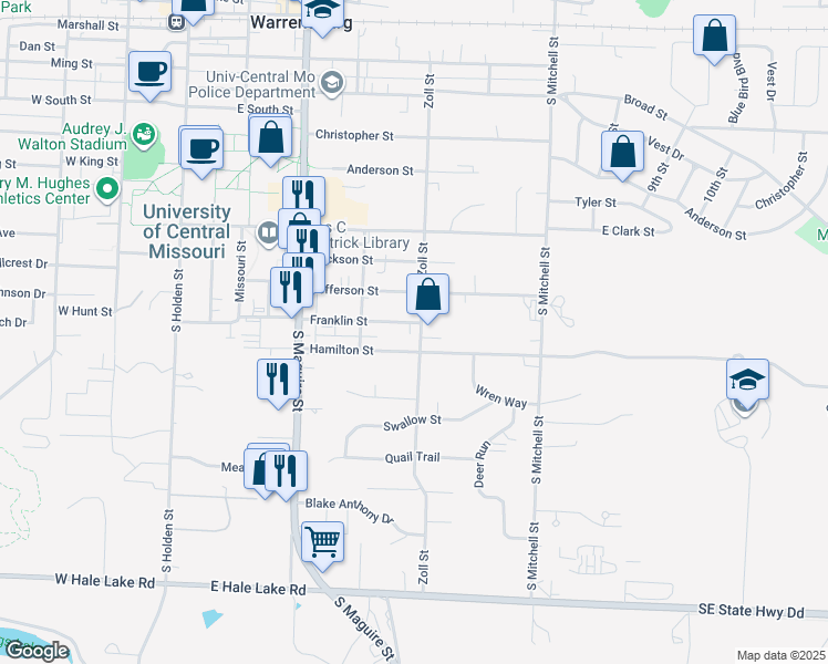 map of restaurants, bars, coffee shops, grocery stores, and more near 419 Franklin Street in Warrensburg