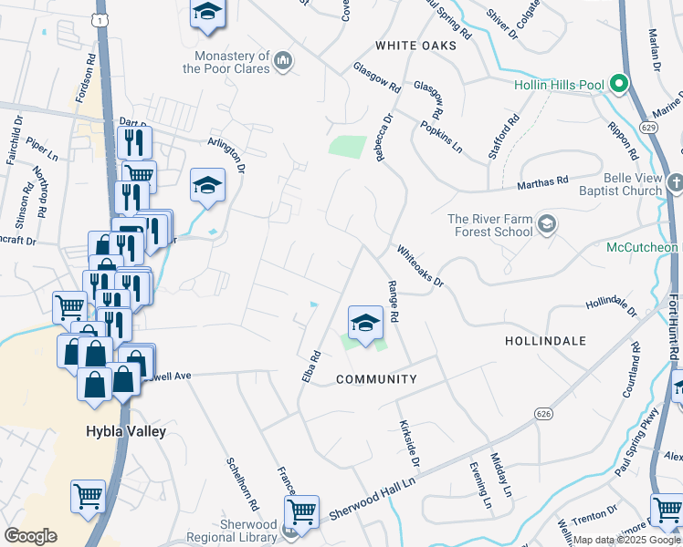 map of restaurants, bars, coffee shops, grocery stores, and more near 2401 Elba Court in Alexandria