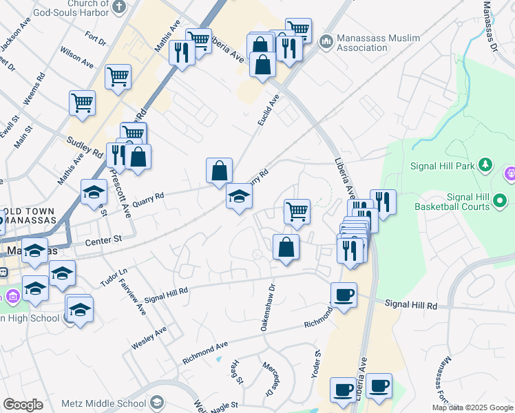 map of restaurants, bars, coffee shops, grocery stores, and more near 8395 Buttress Lane in Manassas