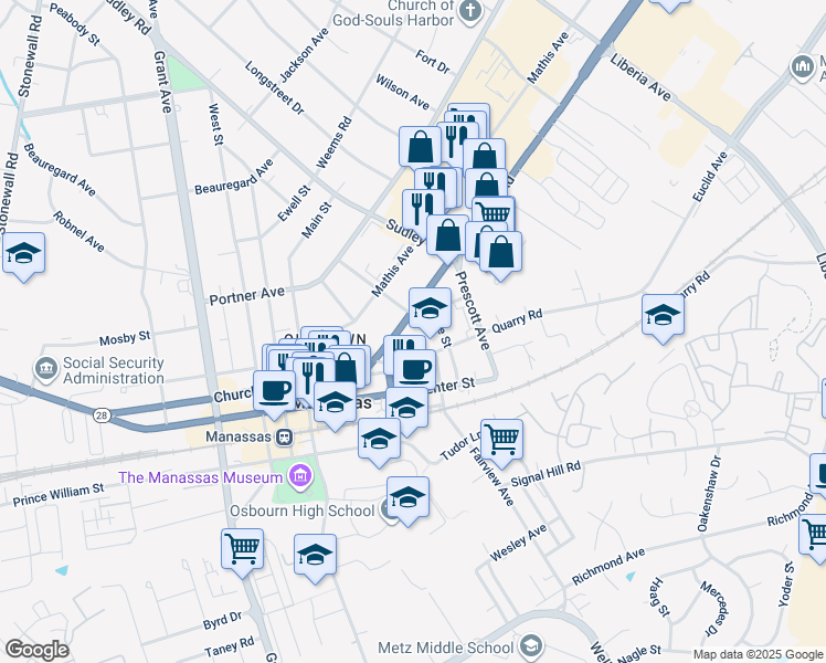 map of restaurants, bars, coffee shops, grocery stores, and more near 9303 Centreville Road in Manassas