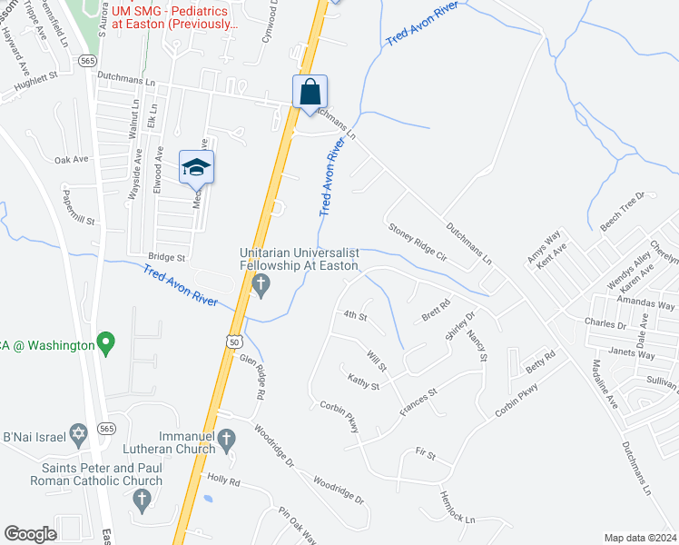 map of restaurants, bars, coffee shops, grocery stores, and more near 7407 Sigfrid Court in Easton