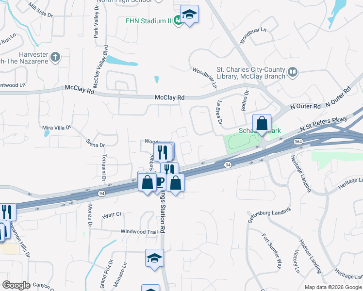 map of restaurants, bars, coffee shops, grocery stores, and more near 3004 Northwoods Lane in St. Peters