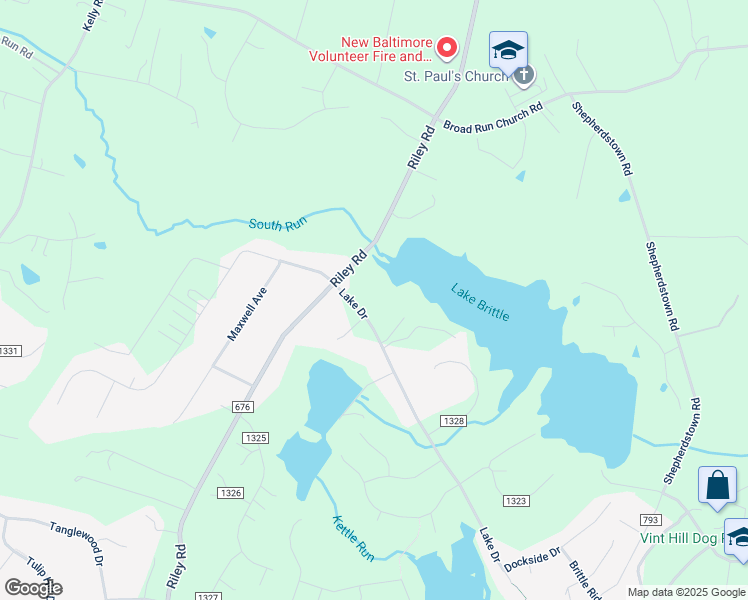 map of restaurants, bars, coffee shops, grocery stores, and more near 6723 Lake Drive in Warrenton