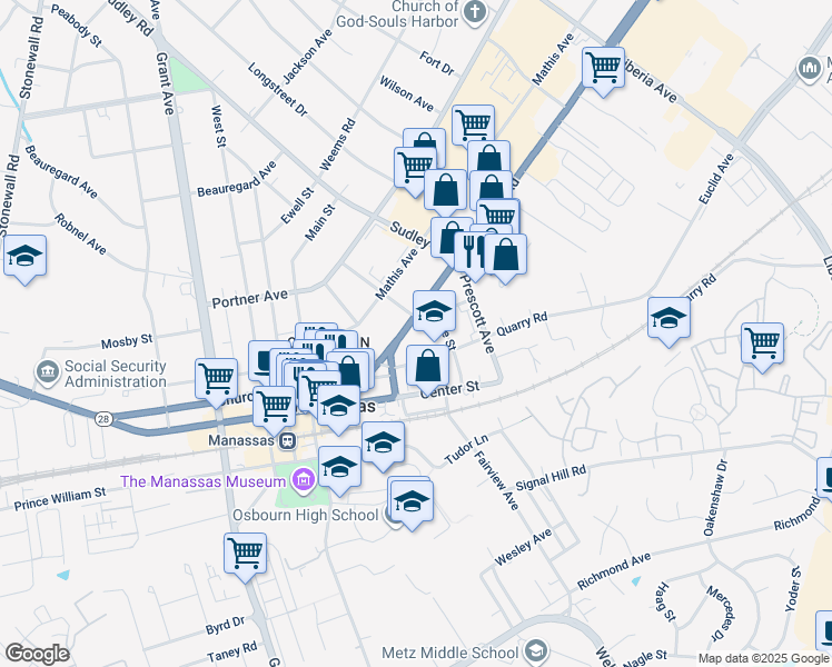 map of restaurants, bars, coffee shops, grocery stores, and more near 9303 Centreville Road in Manassas