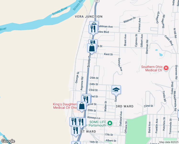 map of restaurants, bars, coffee shops, grocery stores, and more near 2526 Scioto Trail in Portsmouth