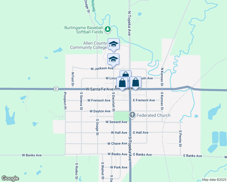 map of restaurants, bars, coffee shops, grocery stores, and more near 117 South Dacotah Street in Burlingame