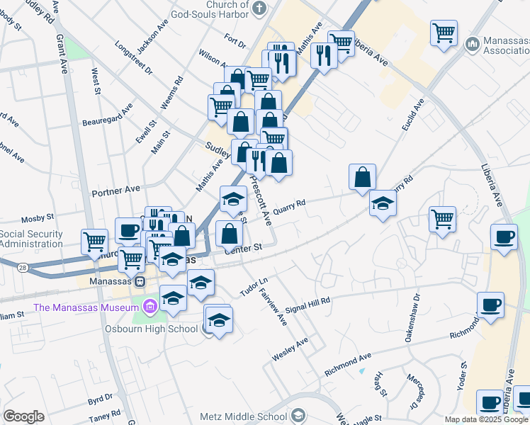 map of restaurants, bars, coffee shops, grocery stores, and more near 9244 Prescott Avenue in Manassas