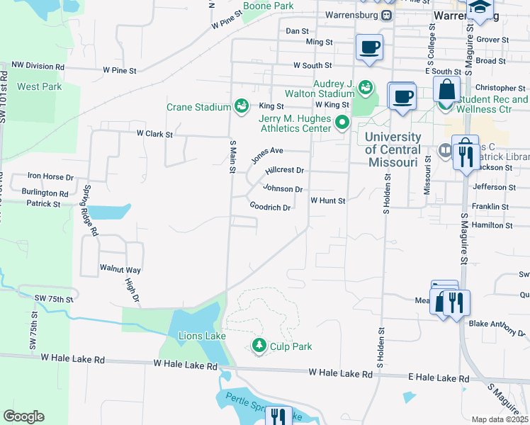 map of restaurants, bars, coffee shops, grocery stores, and more near 313 Goodrich Drive in Warrensburg