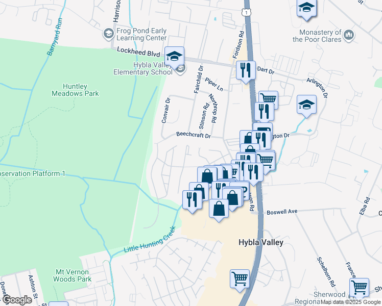 map of restaurants, bars, coffee shops, grocery stores, and more near 7559 Great Swan Court in Alexandria