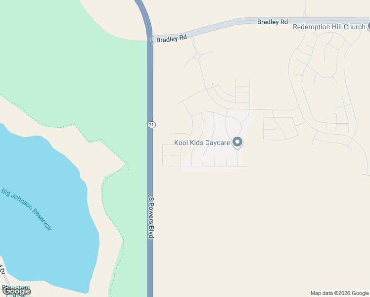 map of restaurants, bars, coffee shops, grocery stores, and more near South Powers Boulevard in Colorado Springs