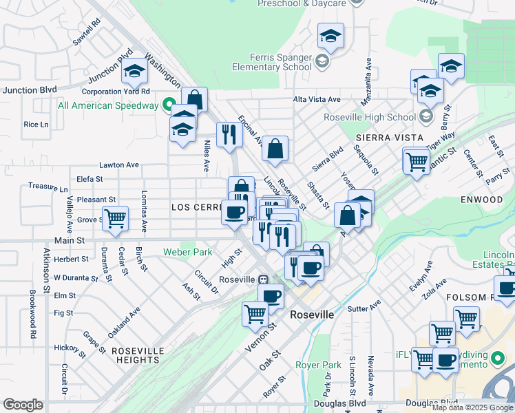 map of restaurants, bars, coffee shops, grocery stores, and more near 200 Pleasant Street in Roseville