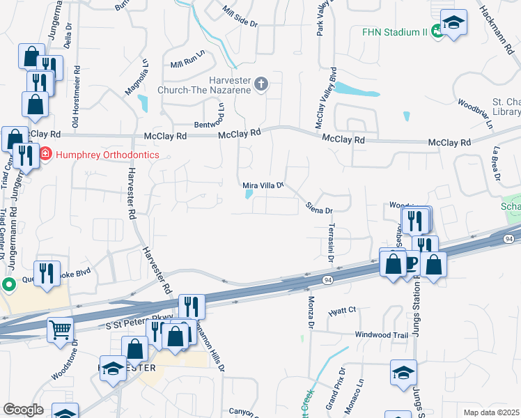 map of restaurants, bars, coffee shops, grocery stores, and more near 1023 Saravalle Drive in St. Peters