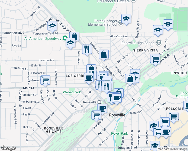 map of restaurants, bars, coffee shops, grocery stores, and more near 215 Placer St in Roseville