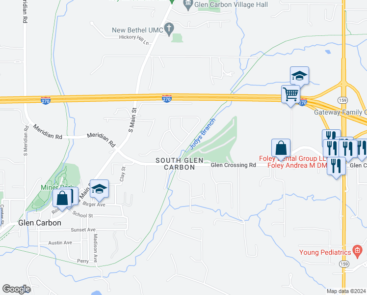 map of restaurants, bars, coffee shops, grocery stores, and more near 50 Morningside Drive in Glen Carbon
