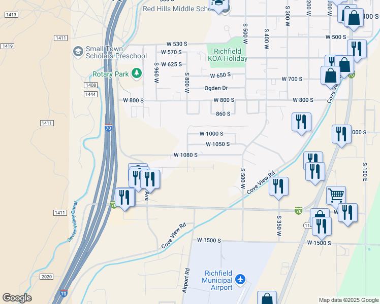 map of restaurants, bars, coffee shops, grocery stores, and more near 1085 South 800 West in Richfield