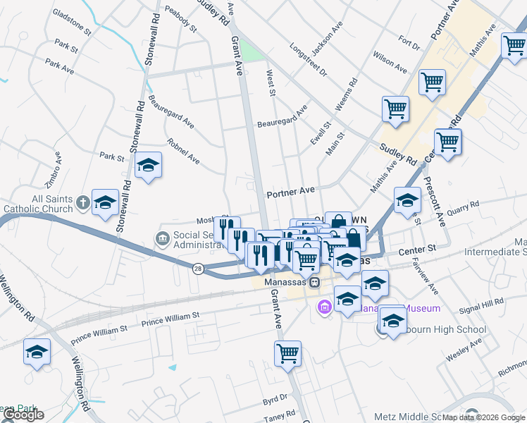 map of restaurants, bars, coffee shops, grocery stores, and more near Grant Avenue in Manassas