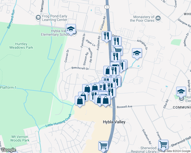 map of restaurants, bars, coffee shops, grocery stores, and more near 7526C Coxton Court in Alexandria