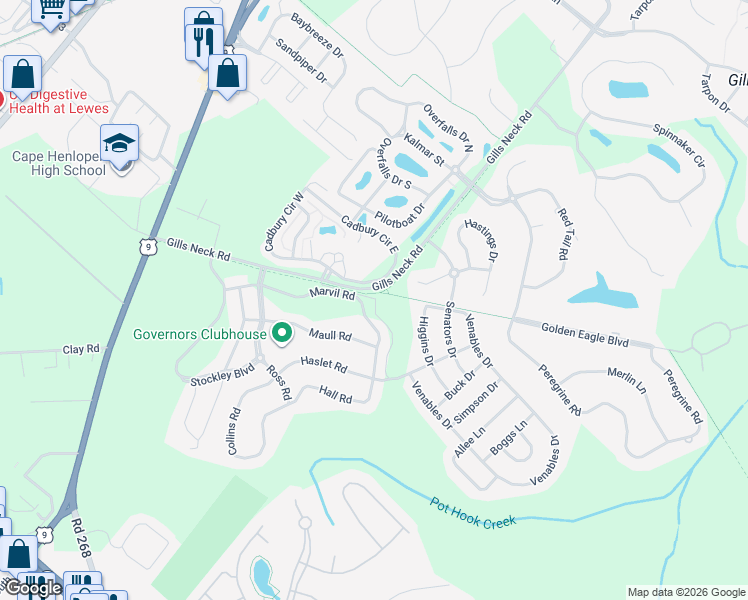 map of restaurants, bars, coffee shops, grocery stores, and more near 16667 Gills Neck Road in Lewes