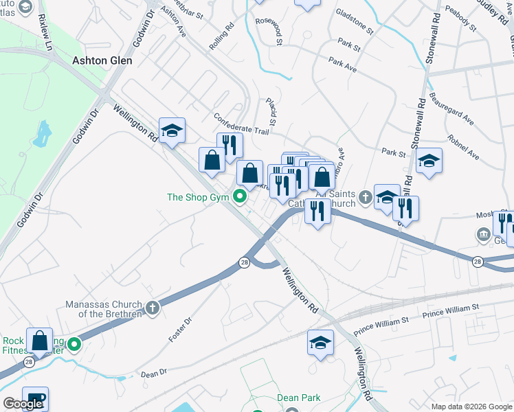 map of restaurants, bars, coffee shops, grocery stores, and more near 9285 Corporate Cir in Manassas