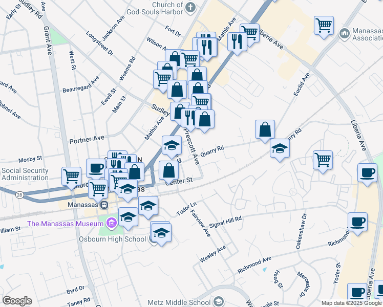 map of restaurants, bars, coffee shops, grocery stores, and more near 9260 Prescott Avenue in Manassas
