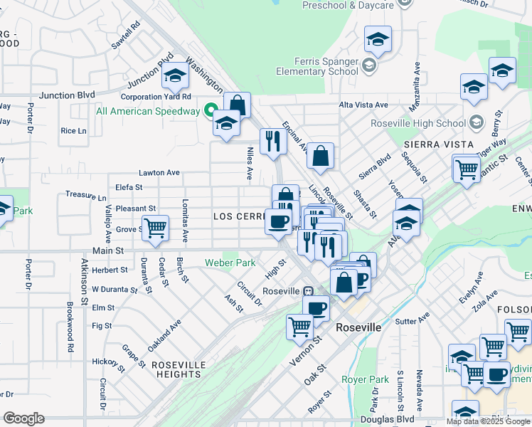 map of restaurants, bars, coffee shops, grocery stores, and more near 309 Hill Avenue in Roseville