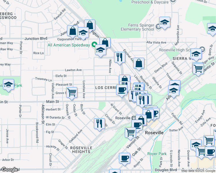 map of restaurants, bars, coffee shops, grocery stores, and more near 332 Pleasant Street in Roseville