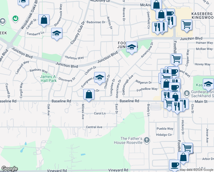 map of restaurants, bars, coffee shops, grocery stores, and more near 2216 Thurton Drive in Roseville