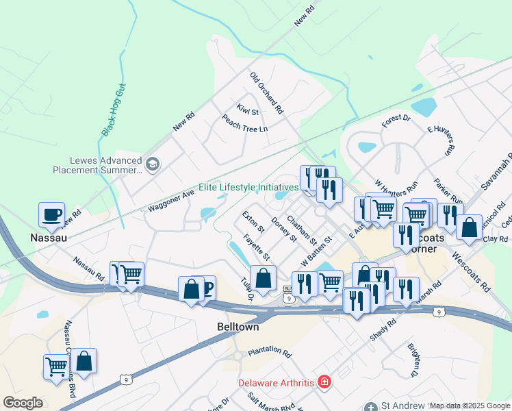 map of restaurants, bars, coffee shops, grocery stores, and more near 33120 North Village Loop in Lewes
