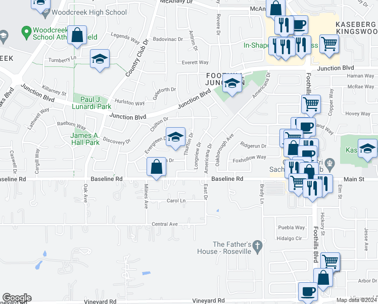 map of restaurants, bars, coffee shops, grocery stores, and more near 2212 Thurton Drive in Roseville