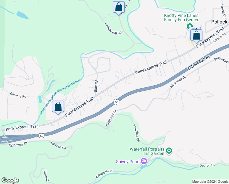 map of restaurants, bars, coffee shops, grocery stores, and more near 5840 Pony Express Trail in Pollock Pines