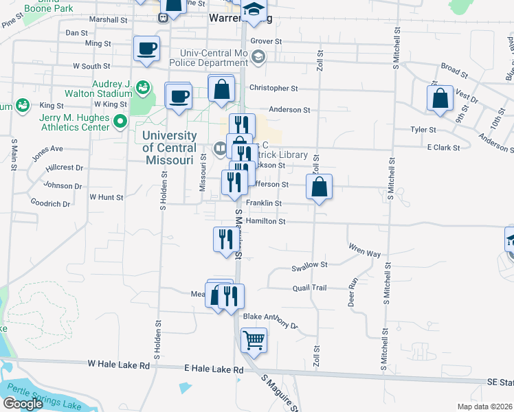 map of restaurants, bars, coffee shops, grocery stores, and more near 312 Franklin Street in Warrensburg