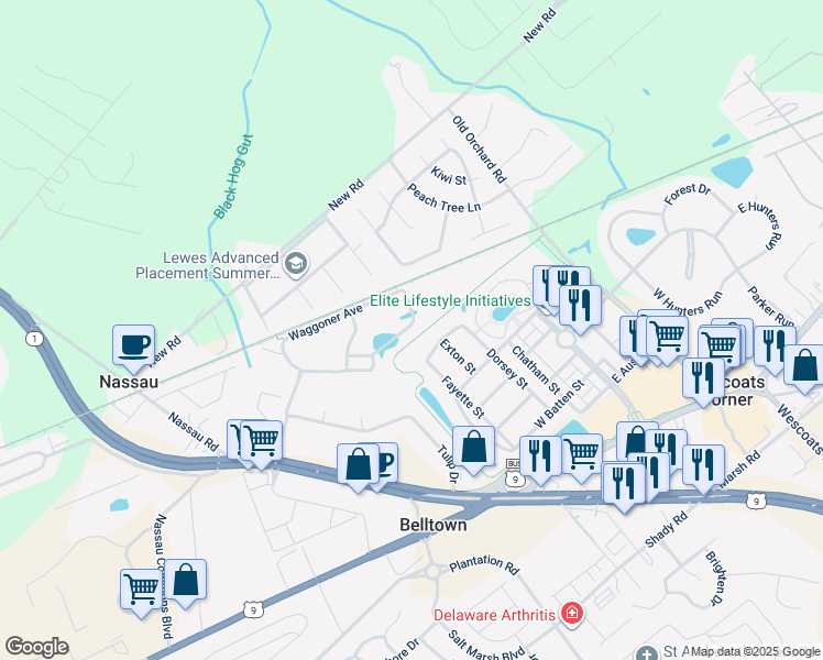 map of restaurants, bars, coffee shops, grocery stores, and more near 33040 West Falling Creek Street in Lewes