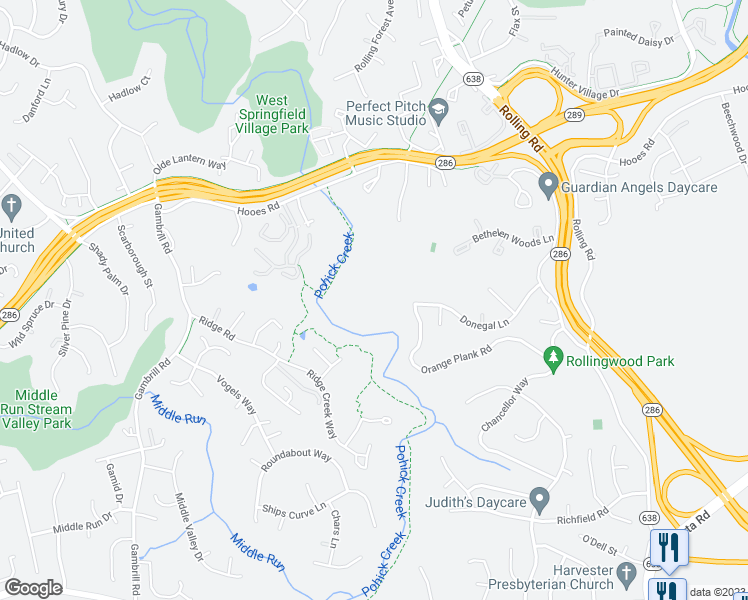 map of restaurants, bars, coffee shops, grocery stores, and more near 8068 Donegal Lane in Springfield