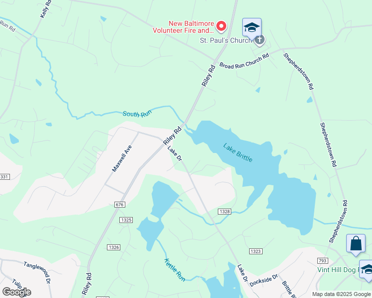 map of restaurants, bars, coffee shops, grocery stores, and more near 6723 Lake Drive in Warrenton