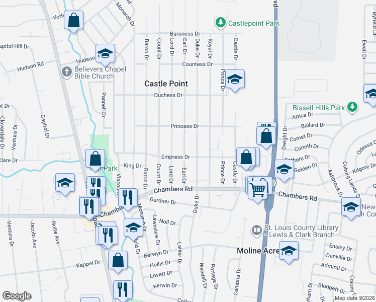 map of restaurants, bars, coffee shops, grocery stores, and more near 10121 Duke Drive in St. Louis